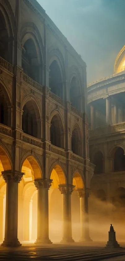 Majestic ancient building with arches and a glowing golden dome.