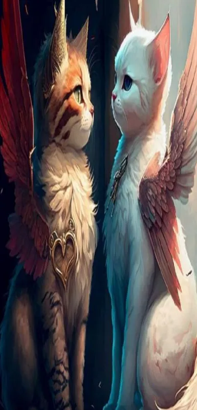 Enchanting wallpaper of two angelic cats with wings.