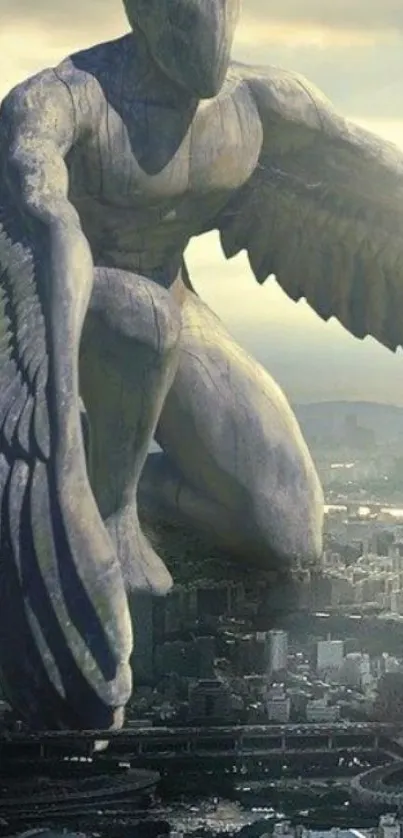 Giant angelic statue overlooking urban cityscape.