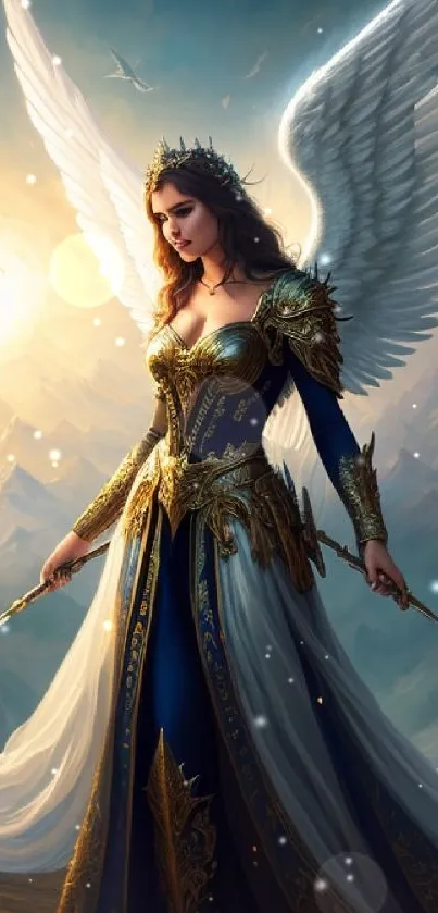 Majestic angel in golden dress with glowing white wings in a fantasy landscape.