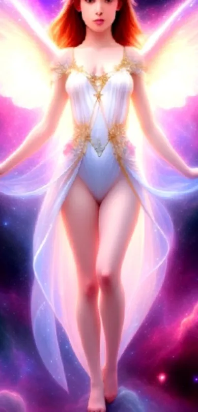 Fantasy art wallpaper of an angel with glowing wings and celestial background.