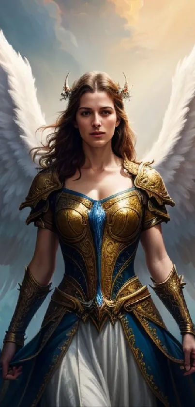 Majestic angel with golden armor and wings in a fantasy backdrop.