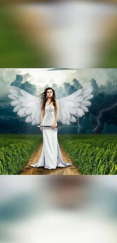 Angel with wings standing in a green field under a stormy sky.