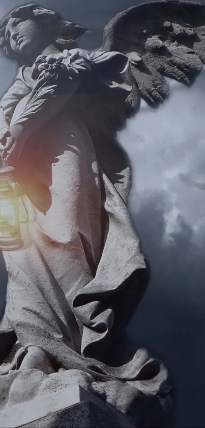 Angel statue lit by lantern amidst stormy sky.
