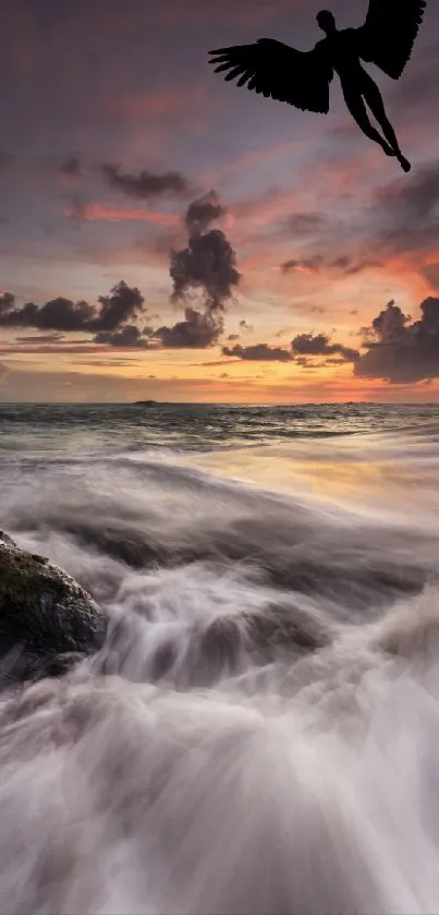 Angel silhouette flying over vibrant sunset ocean waves.