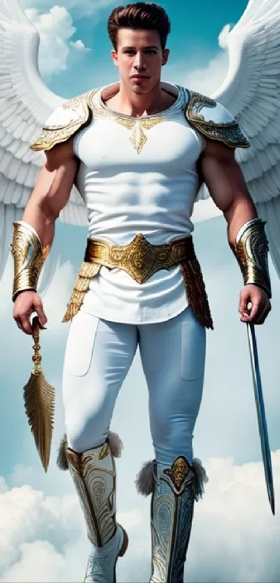 Mobile wallpaper of an angel warrior with wings and golden armor.