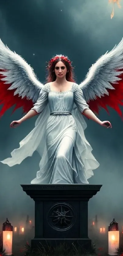 Angel with red and white wings in a mystical setting.