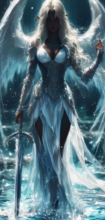 Mystical angelic warrior with wings holding a sword.