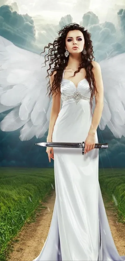 Beautiful angel with wings and sword under cloudy sky.