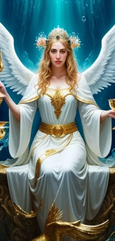 Angelic figure with golden accents and wings on a blue background.