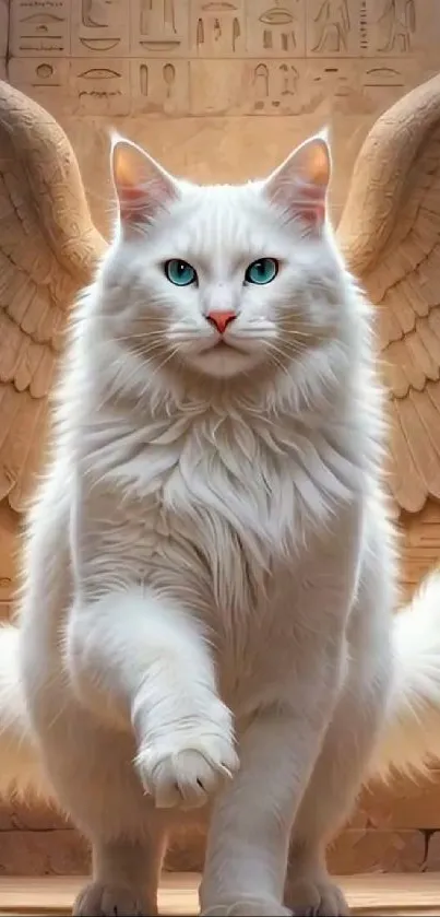 White cat with angelic wings in artistic wallpaper.