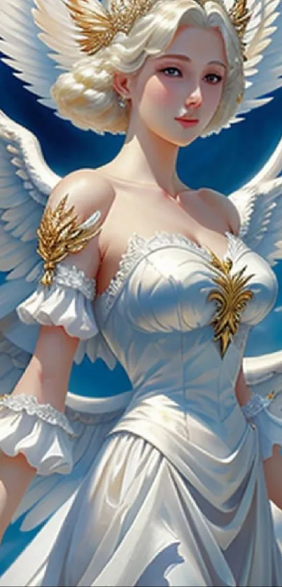 Wallpaper featuring a beautiful angelic figure with wings against a blue sky.