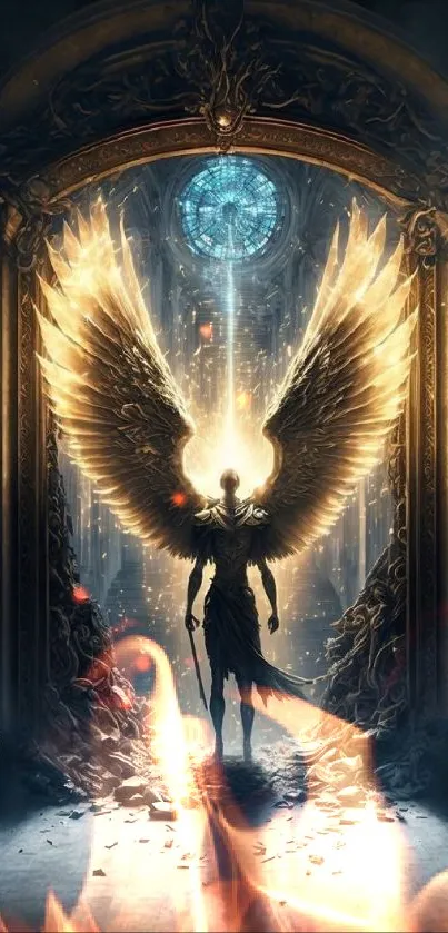 Angelic figure with golden wings in a celestial archway.