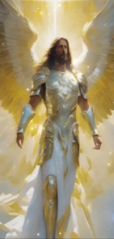 Angelic figure with golden armor and wings, standing in celestial light.