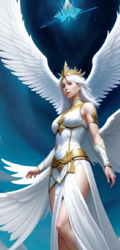 A majestic angel with wings stands against a celestial blue sky.