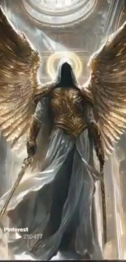 Majestic angel with golden wings and glowing halo.