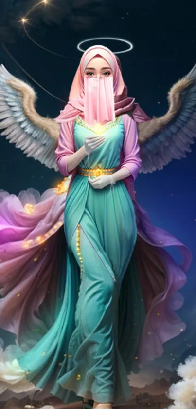 Angelic figure in teal dress with wings, celestial wallpaper design.