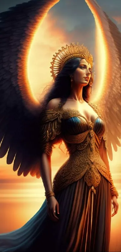 Angelic figure with golden wings against a sunset sky.