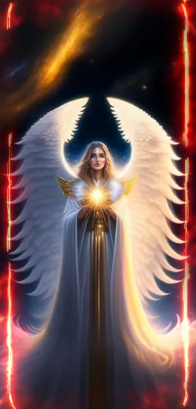 Majestic angel with radiant wings surrounded by cosmic fire.