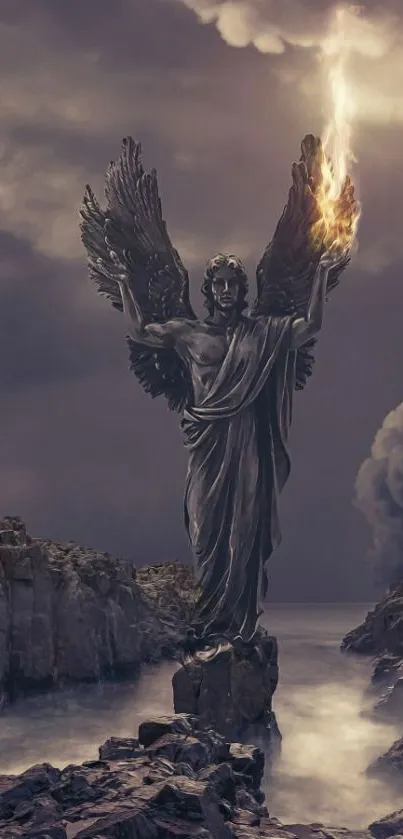 Majestic angelic statue with wings raised, set against a dramatic rocky landscape.