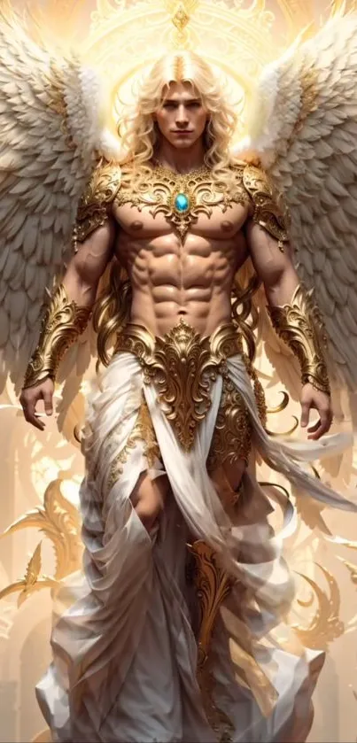 Majestic angelic warrior in ornate golden armor with wings.