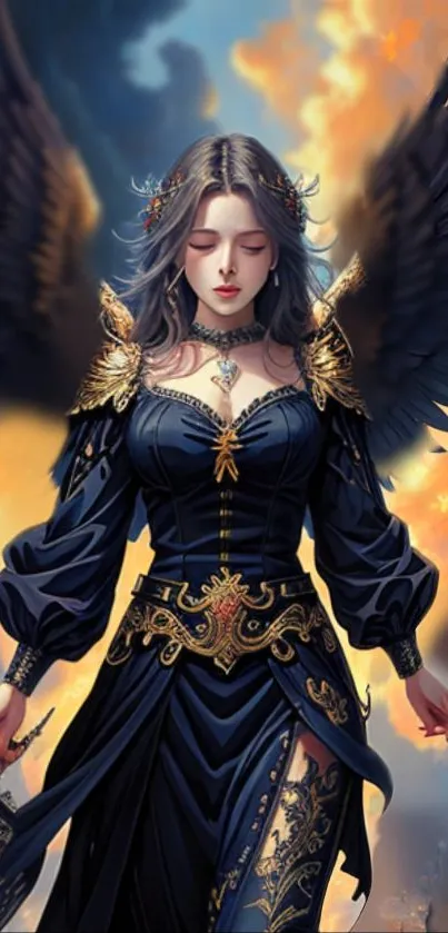 Majestic angelic warrior with black wings in a fantasy setting.