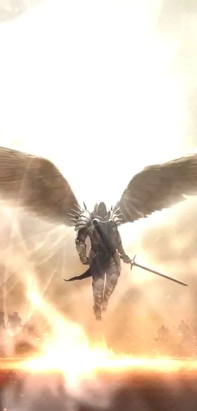 Majestic angelic warrior with wings and sword in celestial light.