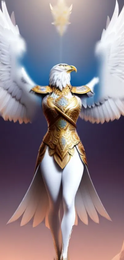 An angelic warrior with golden armor and radiant wings in a fantasy setting.