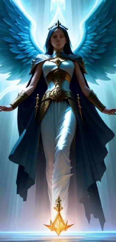 Majestic angelic warrior with golden armor and glowing blue wings.