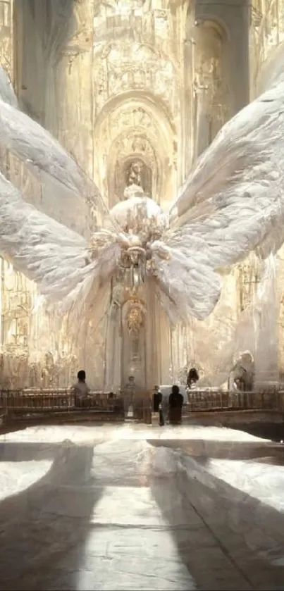 Ethereal angel wings in golden church setting, creating a divine atmosphere.