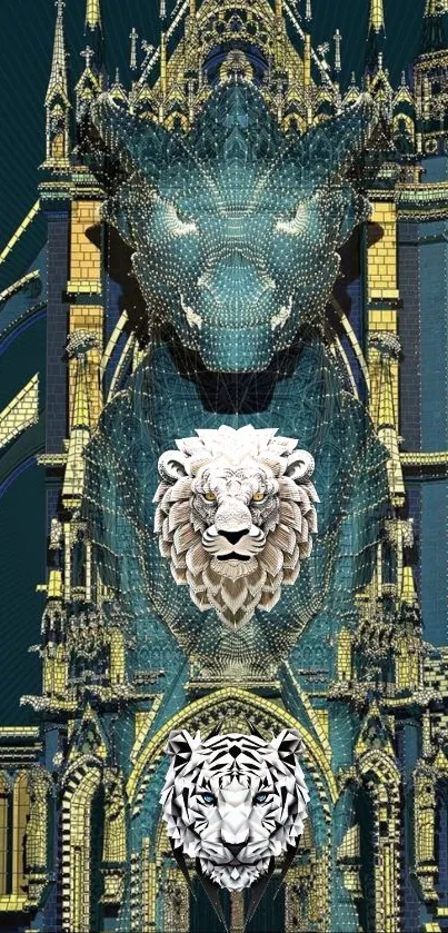 Intricate animal-themed architecture with lions and wolves in teal and yellow hues.