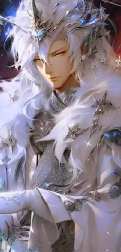 Majestic anime character with white and silver attire.