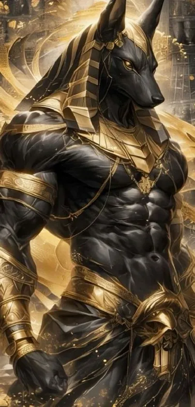 Majestic Anubis in gold and black tones.