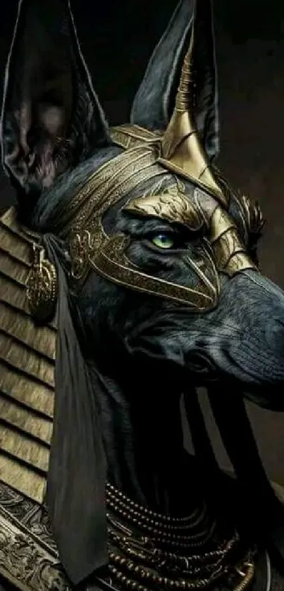 Majestic depiction of Anubis with golden accents on mobile wallpaper.