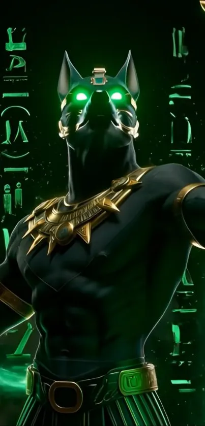 Fantasy Anubis figure with green glow and hieroglyphs backdrop.