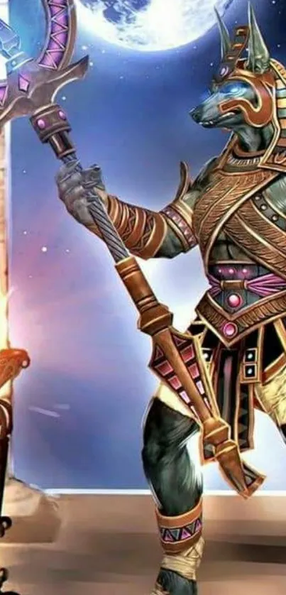 Anubis in golden armor stands under a full moon in an Egyptian-themed wallpaper.