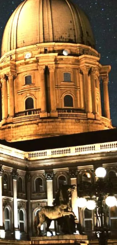 Majestic dome and statue under starry night sky.