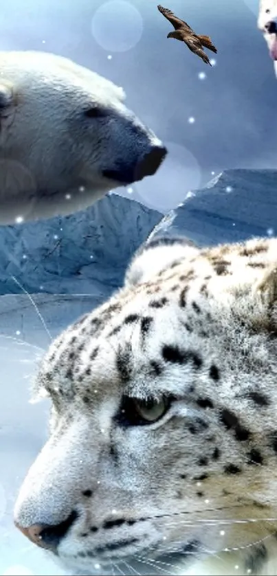 Majestic Arctic animals wallpaper with polar bear, leopard, and wolf.