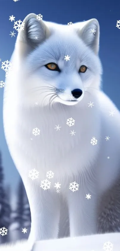 Majestic arctic fox with snowflakes falling.