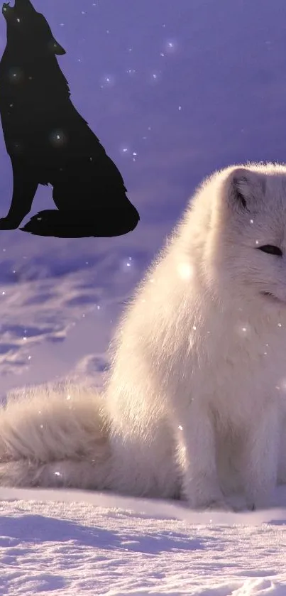 Arctic fox in snowy landscape with gentle lavender hues.