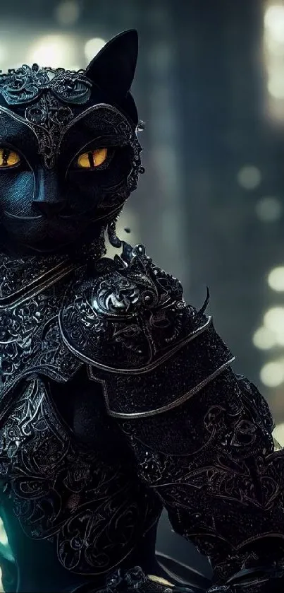 A stylized black cat in ornate armor stands majestically against a mysterious background.