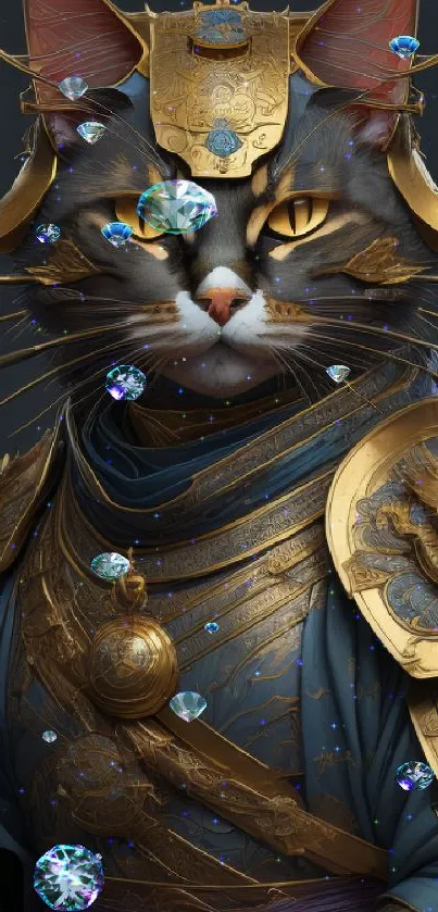 Majestic cat in golden armor on dark background wallpaper.