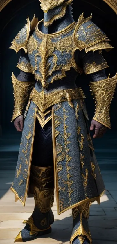 Fantasy dragon knight in ornate armor, blue and gold details