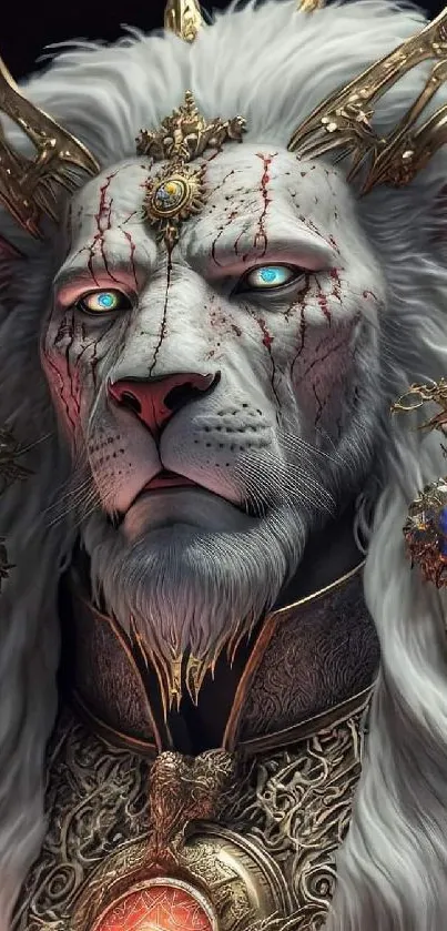 Majestic lion king with golden armor in a mystical fantasy setting.