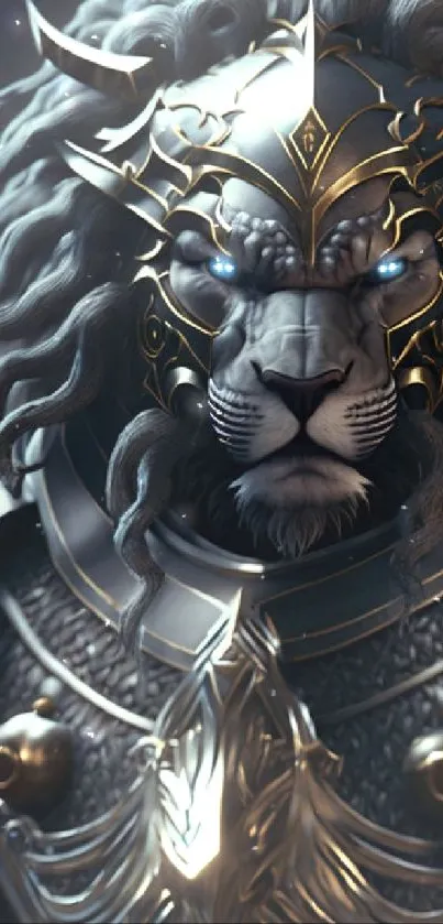 Digital art of a majestic lion in ornate armor with glowing eyes.