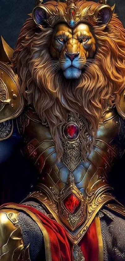 Majestic lion in royal armor with intricate details, ideal mobile wallpaper.