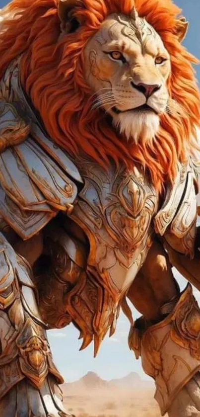 Majestic lion in intricate armor wallpaper.