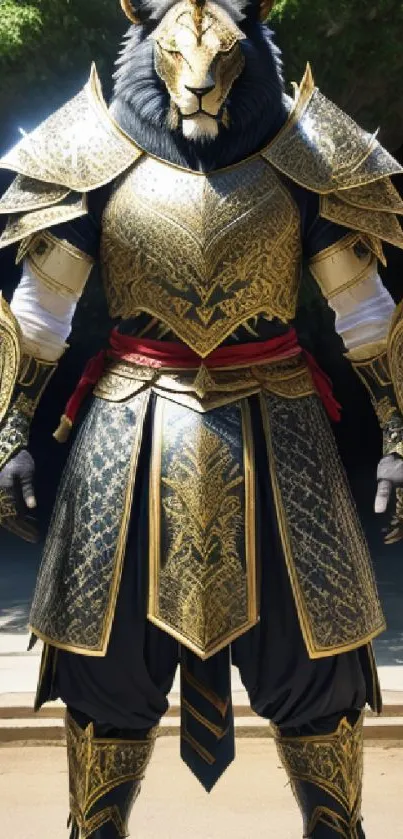 Lion warrior in gold armor standing heroically, detailed fantasy art.