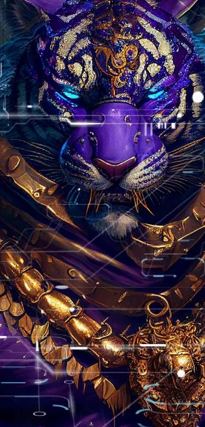 Fantasy art of an armored tiger with purple and gold accents for mobile wallpaper.