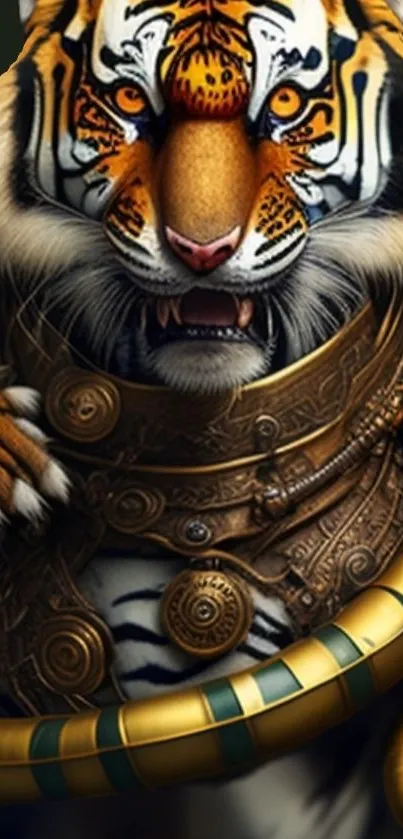 Fantasy art of an armored tiger with golden details on mobile wallpaper.